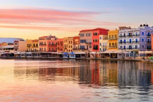 colorful buildings at the harbor of Chania, Greece