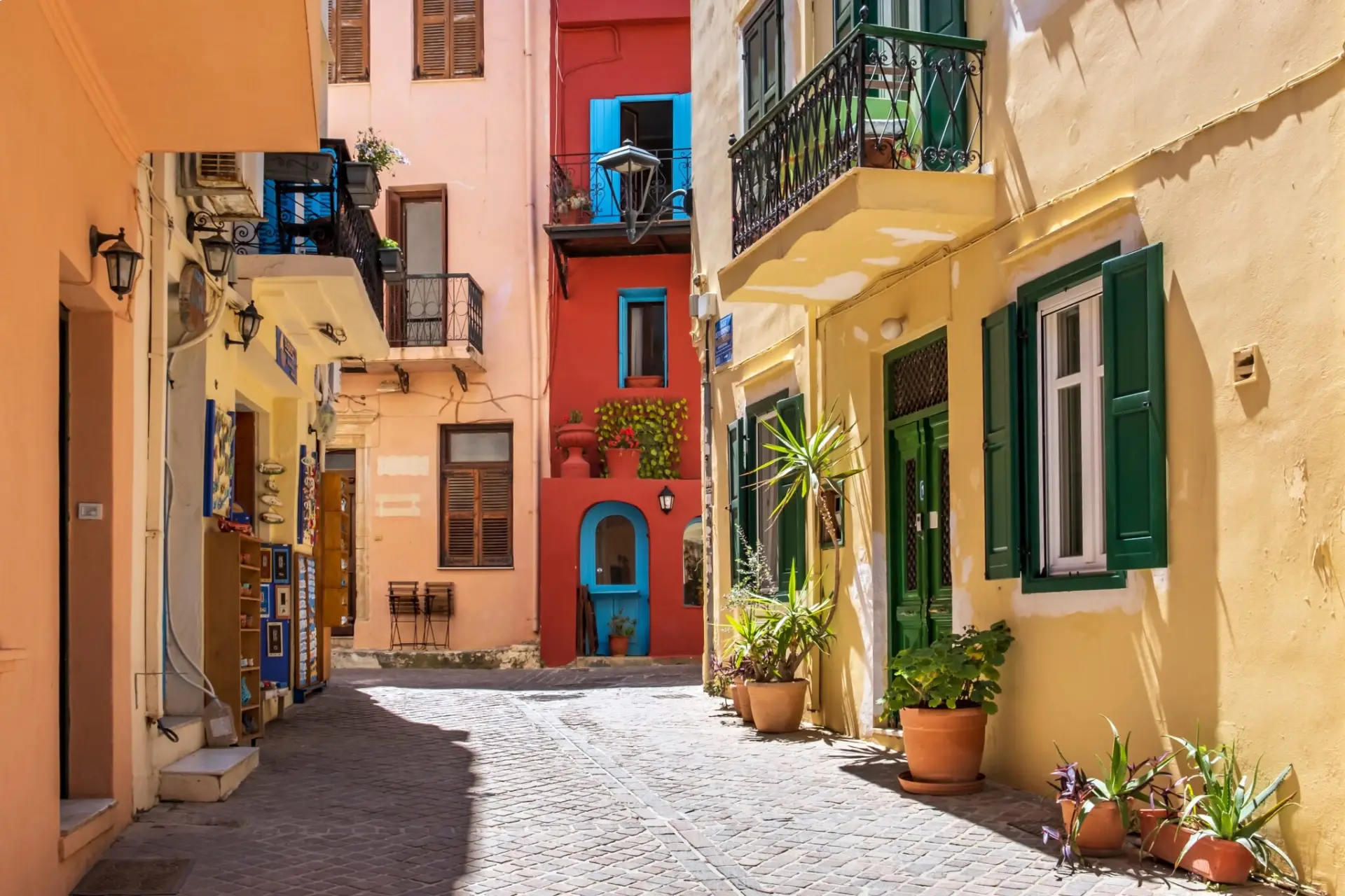 colorful street in the old town of Chania Crete