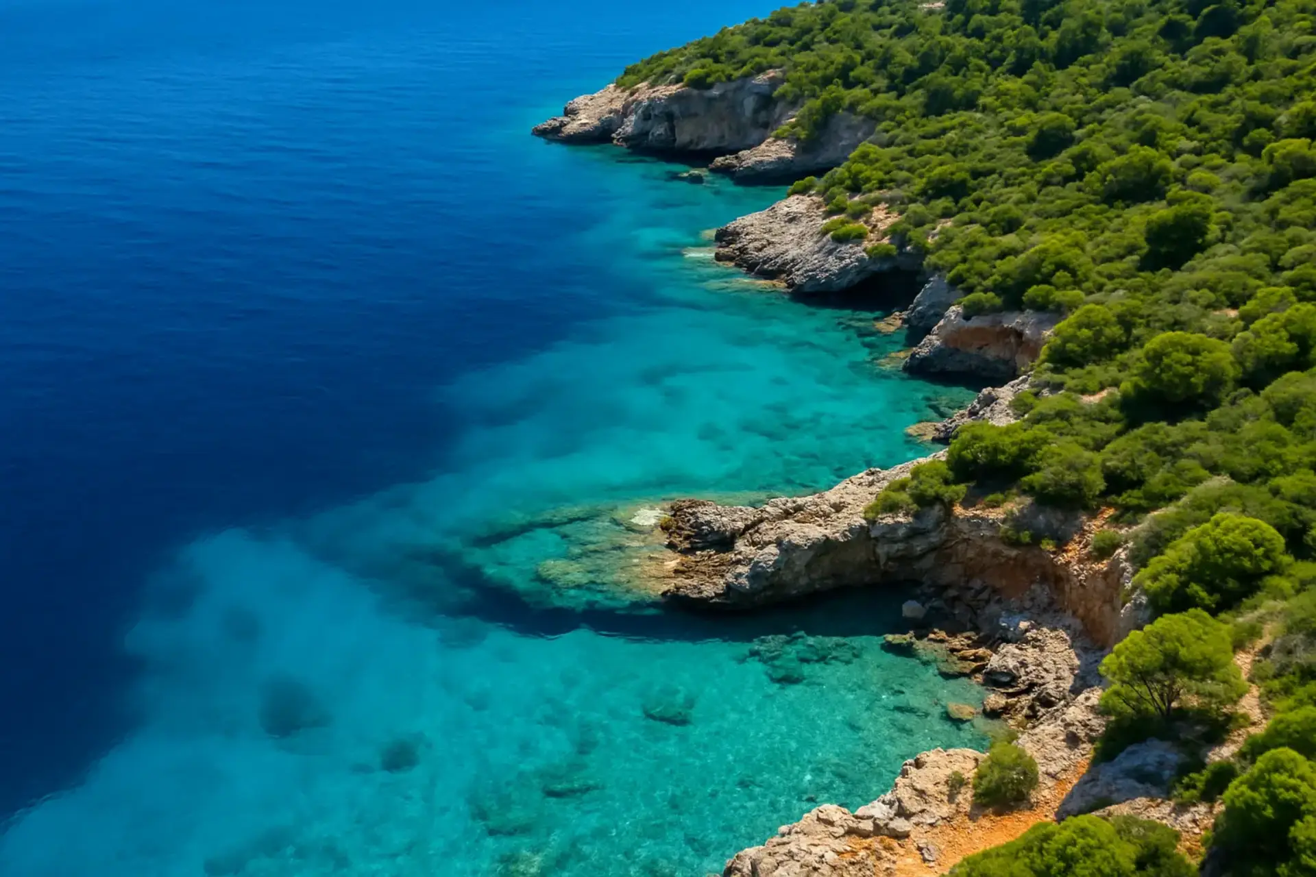 coast with deep blue waters and lush greenery