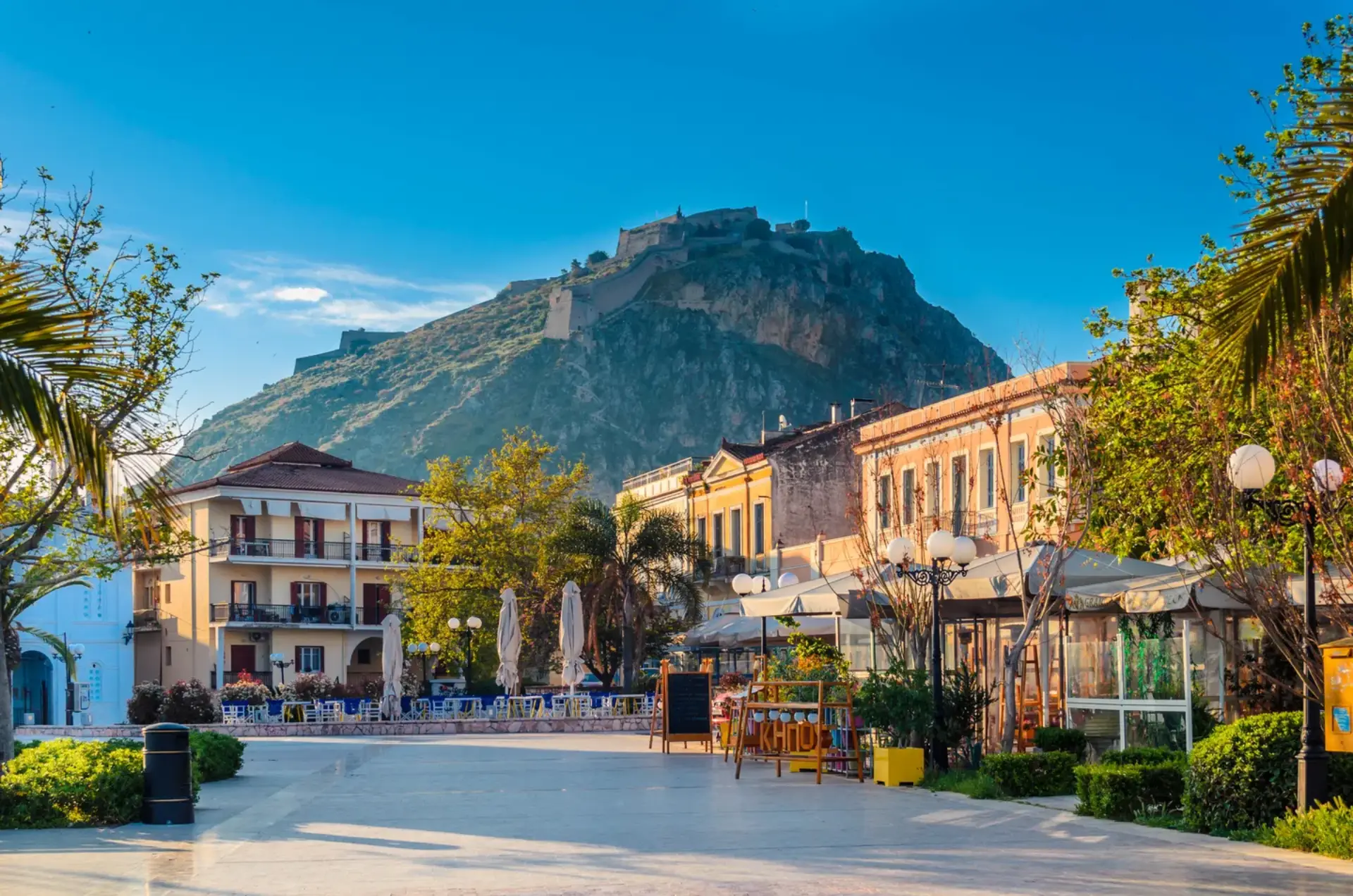 view of Palamidi fortress from Philellinon square in Nafplion