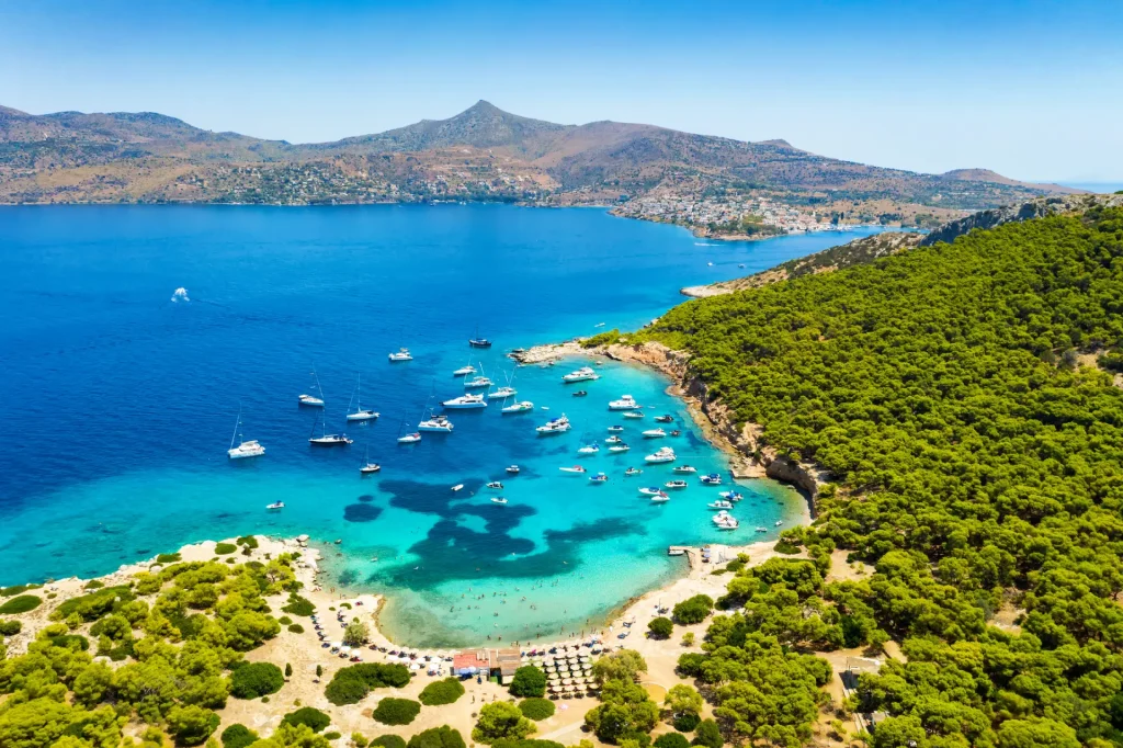aerial view of Moni island close to Aigina in Saronic gulf with lots of catamarans