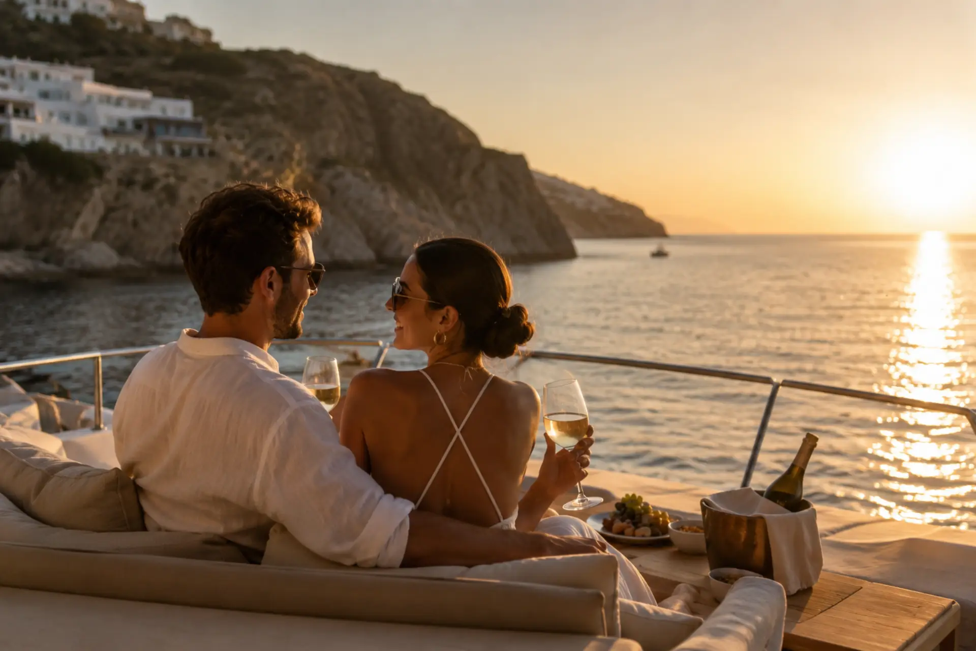 How Plous Designs a Journey Through Greece 2 a couple on a boat enjoying the sunset and drinking wine