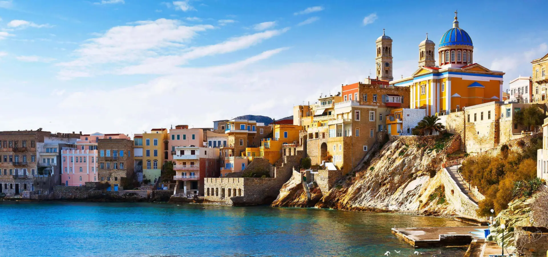 view of metropolis church in Siros from the sea