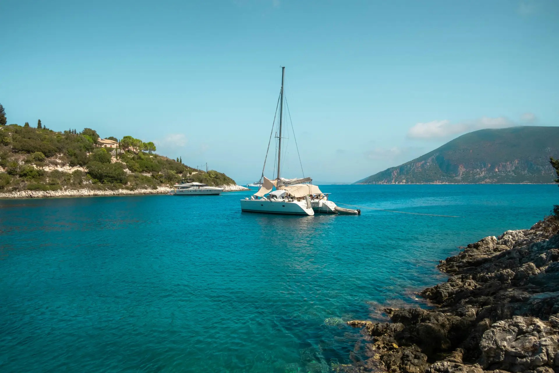 a catamaran on a bay 