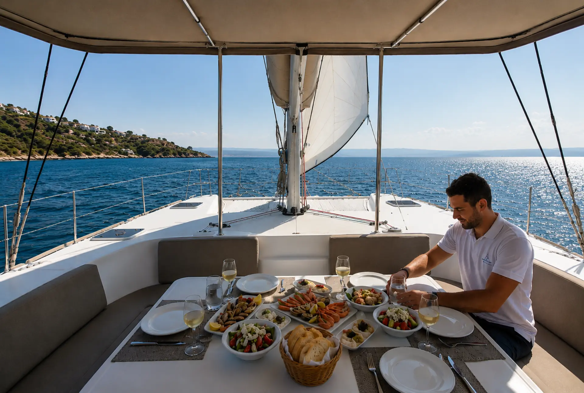 a person setting up a table in a catamaran