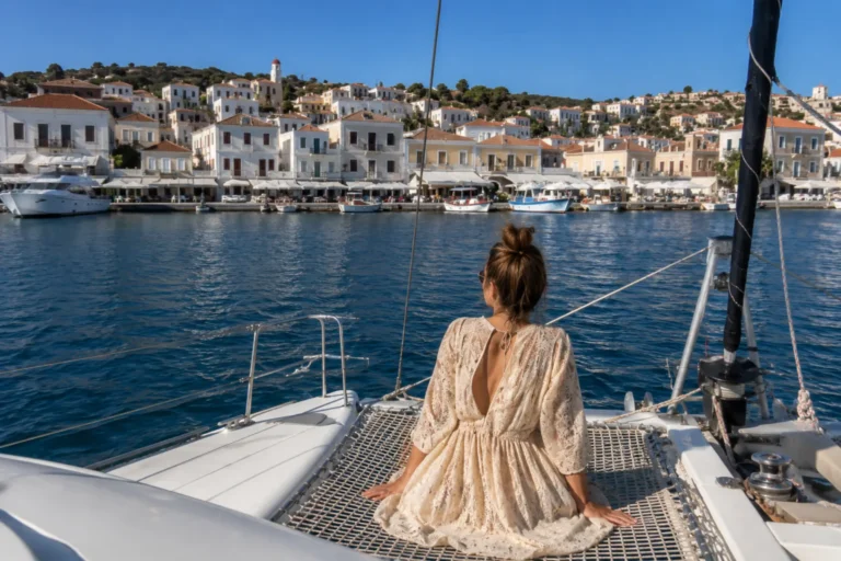 A Luxury Catamaran Journey Through Greece’s Saronic Islands 1 a woman overlooks the harbor a poros