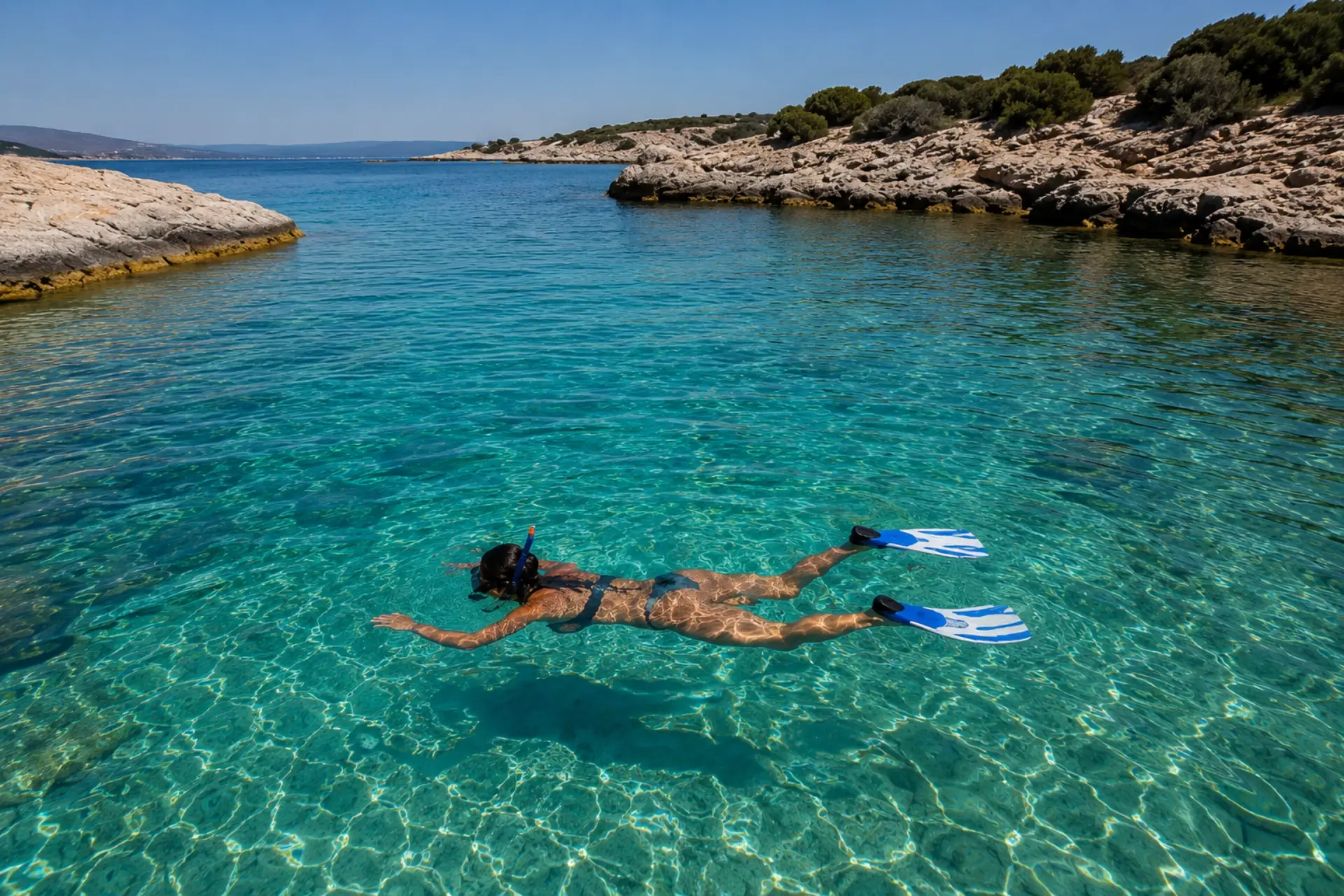a girl snorkeling in the blue water