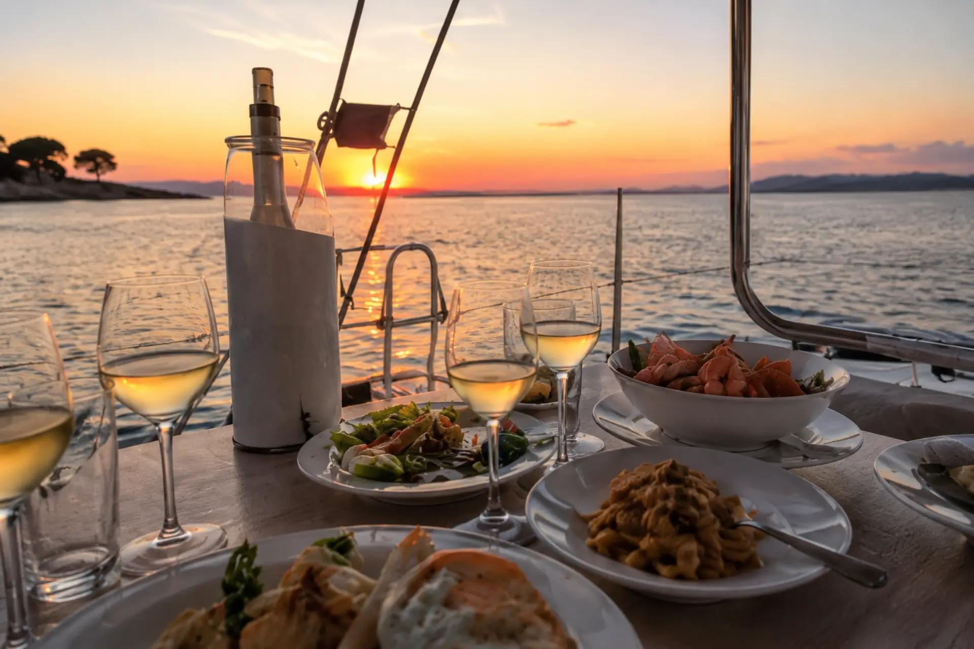 a set table on a catamaran at sunset 