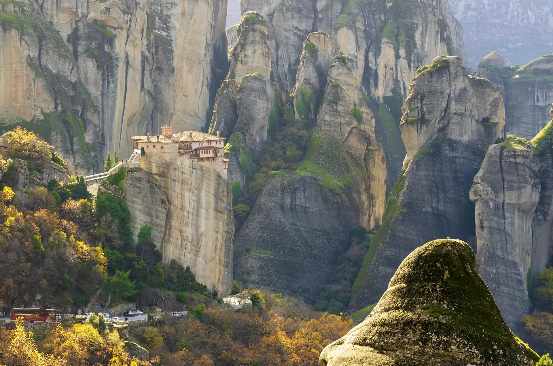 rock formations Meteora and a monastery
