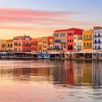 colorful buildings at the harbor of Chania, Greece