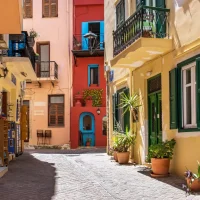 colorful street in the old town of Chania Crete