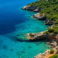 coast with deep blue waters and lush greenery