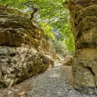 path between rock formations and trees at Imbros gorge
