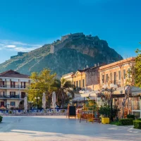 view of Palamidi fortress from Philellinon square in Nafplion